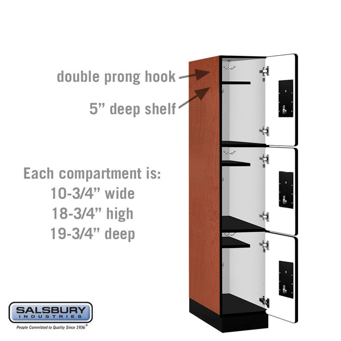 Salsbury 12" Wide Triple Tier Designer Wood Locker - 1 Wide - 5 Feet High - 21 Inches Deep - Cherry - Silver Electronic Locks - Sweatfully