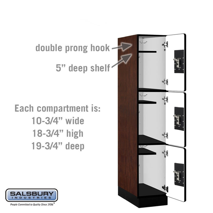 Salsbury 12" Wide Triple Tier Designer Wood Locker - 1 Wide - 5 Feet High - 21 Inches Deep - Mahogany - Black Resettable Combination Locks - Sweatfully