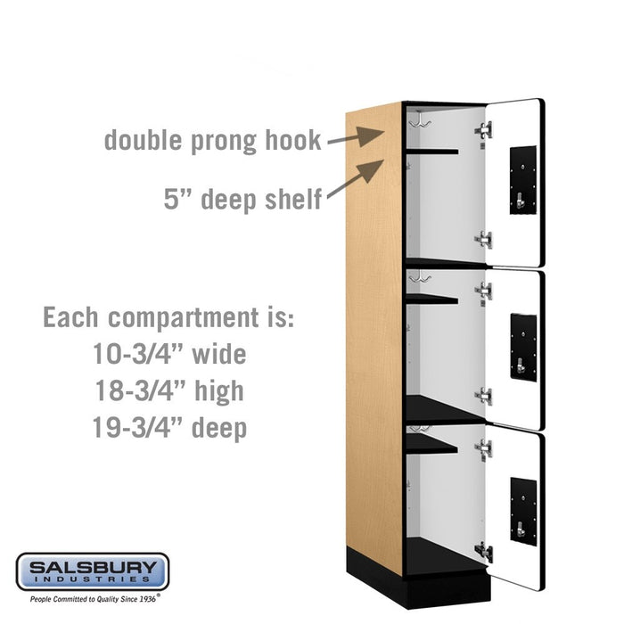 Salsbury 12" Wide Triple Tier Designer Wood Locker - 1 Wide - 5 Feet High - 21 Inches Deep - Maple - Black Electronic Locks - Sweatfully