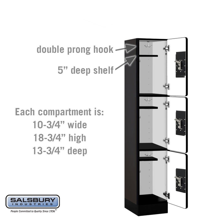 Salsbury 12" Wide Triple Tier Designer Wood Locker - 1 Wide - 5 Feet High - 15 Inches Deep - Black - Black Resettable Combination Locks - Sweatfully