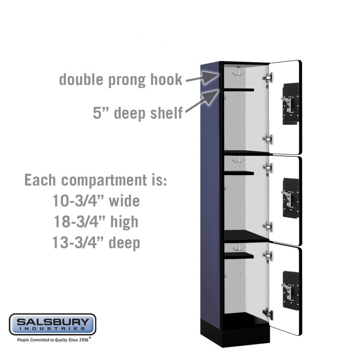 Salsbury 12" Wide Triple Tier Designer Wood Locker - 1 Wide - 5 Feet High - 15 Inches Deep - Blue - Black Resettable Combination Locks - Sweatfully