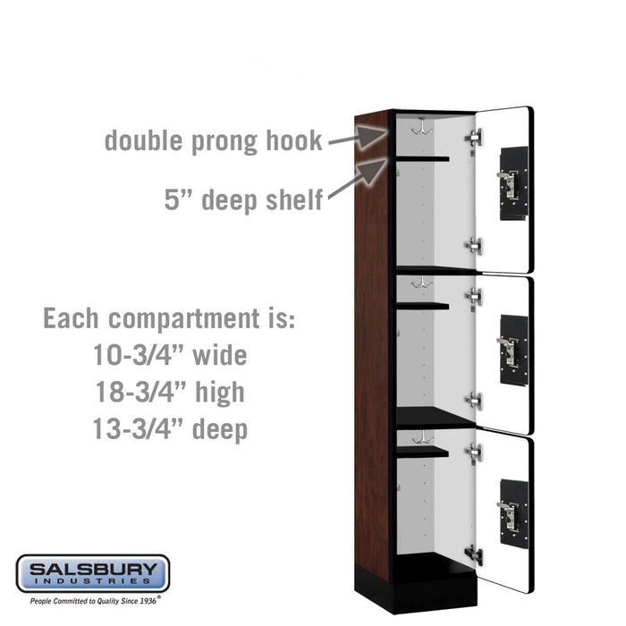 Salsbury 12" Wide Triple Tier Designer Wood Locker - 1 Wide - 5 Feet High - 15 Inches Deep - Mahogany - Black Resettable Combination Locks - Sweatfully