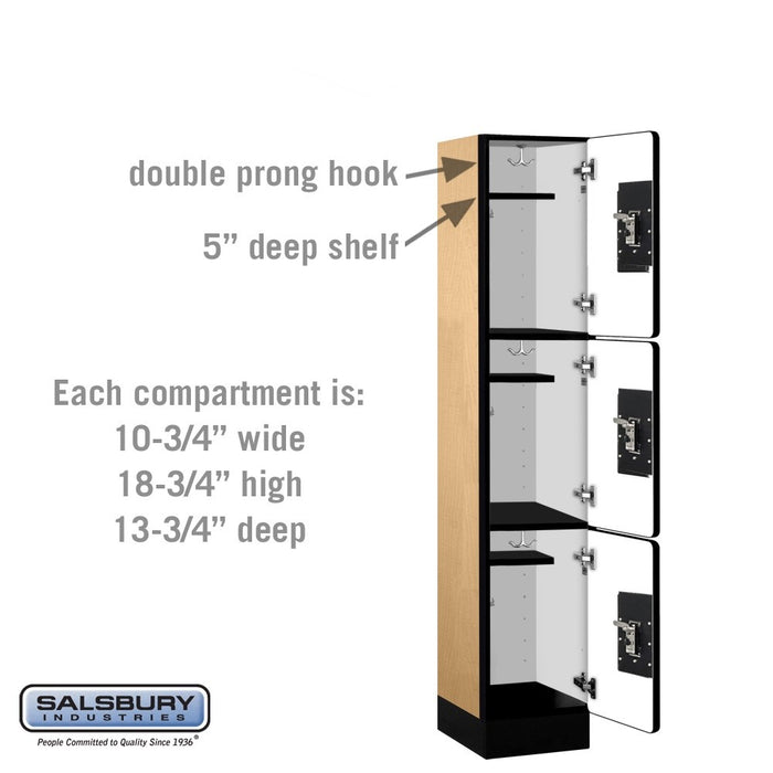 Salsbury 12" Wide Triple Tier Designer Wood Locker - 1 Wide - 5 Feet High - 15 Inches Deep - Maple - Black Resettable Combination Locks - Sweatfully
