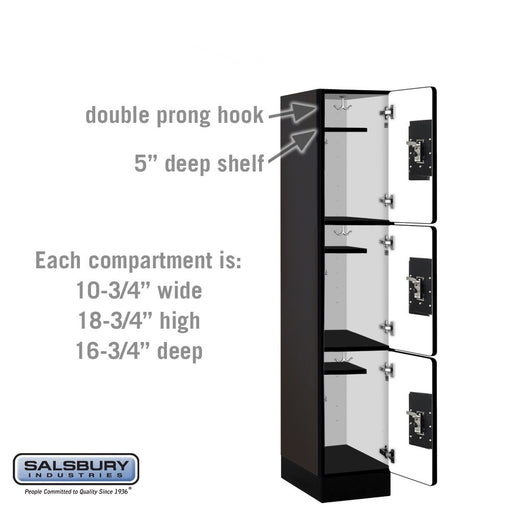 Salsbury 12" Wide Triple Tier Designer Wood Locker - 1 Wide - 5 Feet High - 18 Inches Deep - Black - Silver Resettable Combination Locks - Sweatfully