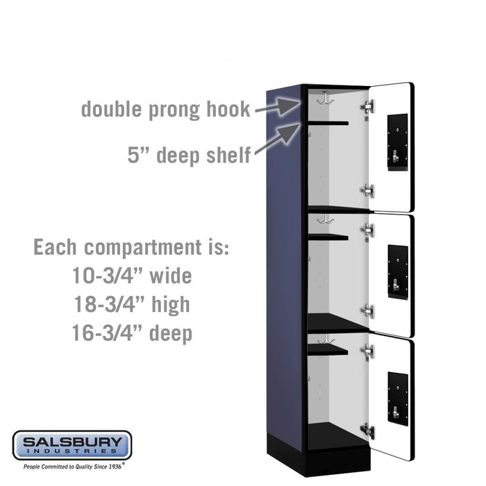 Salsbury 12" Wide Triple Tier Designer Wood Locker - 1 Wide - 5 Feet High - 18 Inches Deep - Blue - Black Electronic Locks - Sweatfully