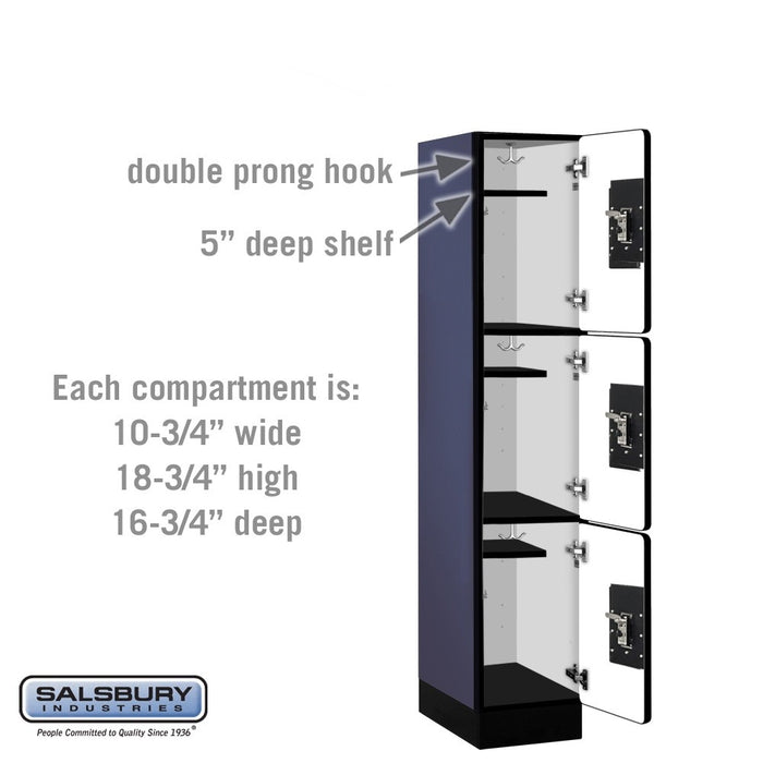 Salsbury 12" Wide Triple Tier Designer Wood Locker - 1 Wide - 5 Feet High - 18 Inches Deep - Blue - Silver Resettable Combination Locks - Sweatfully