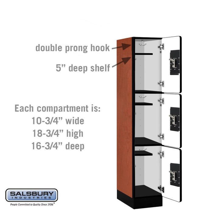 Salsbury 12" Wide Triple Tier Designer Wood Locker - 1 Wide - 5 Feet High - 18 Inches Deep - Cherry - Silver Resettable Combination Locks - Sweatfully