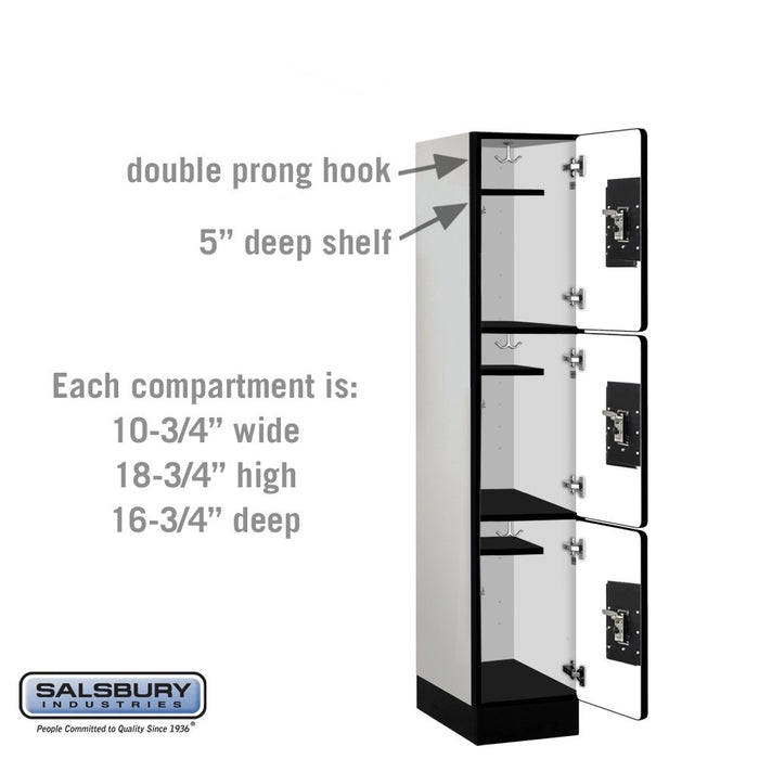 Salsbury 12" Wide Triple Tier Designer Wood Locker - 1 Wide - 5 Feet High - 18 Inches Deep - Gray - Black Resettable Combination Locks - Sweatfully