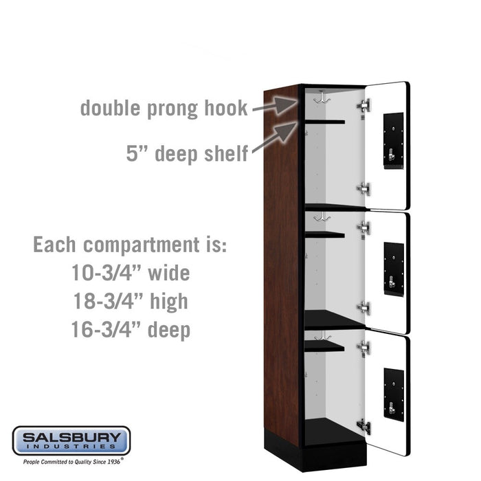 Salsbury 12" Wide Triple Tier Designer Wood Locker - 1 Wide - 5 Feet High - 18 Inches Deep - Mahogany - Silver Electronic Locks - Sweatfully