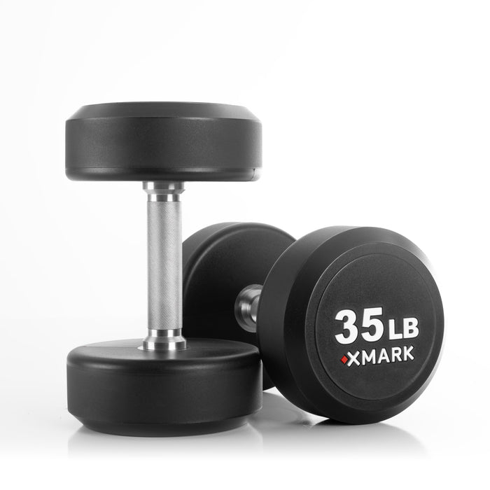 XMARK Round Commercial Urethane Dumbbells  (5-50 lb and 5-75 lb Sets) XM-9104-3316-550S - Sweatfully