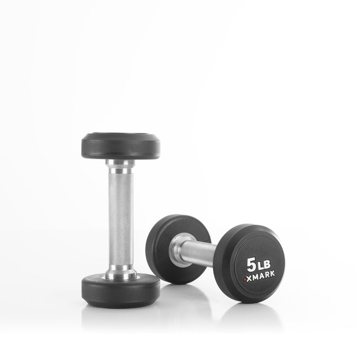 XMARK Round Commercial Urethane Dumbbells  (5-50 lb and 5-75 lb Sets) XM-9104-3316-550S - Sweatfully