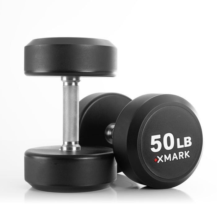 XMARK Round Commercial Urethane Dumbbells  (5-50 lb and 5-75 lb Sets) XM-9104-3316-550S - Sweatfully