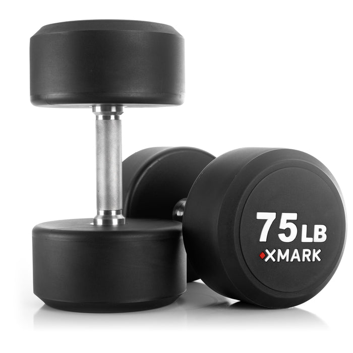XMARK Round Commercial Urethane Dumbbells  (5-50 lb and 5-75 lb Sets) XM-9104-3316-550S - Sweatfully