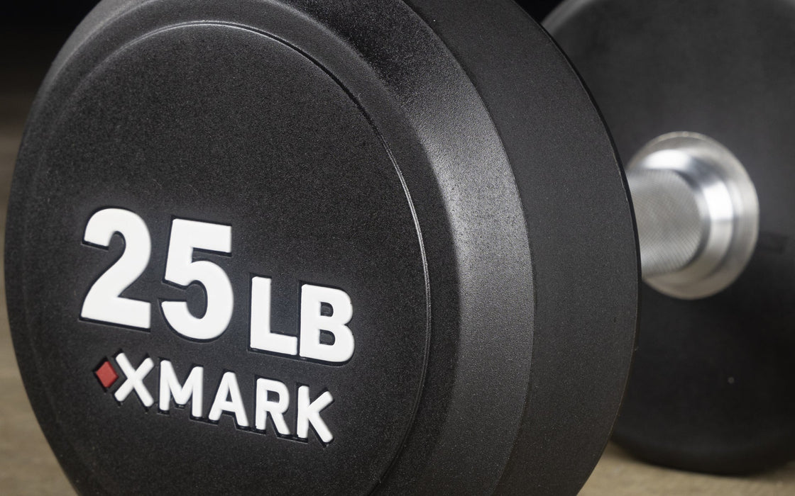 XMARK Round Commercial Urethane Dumbbells  (5-50 lb and 5-75 lb Sets) XM-9104-3316-550S - Sweatfully