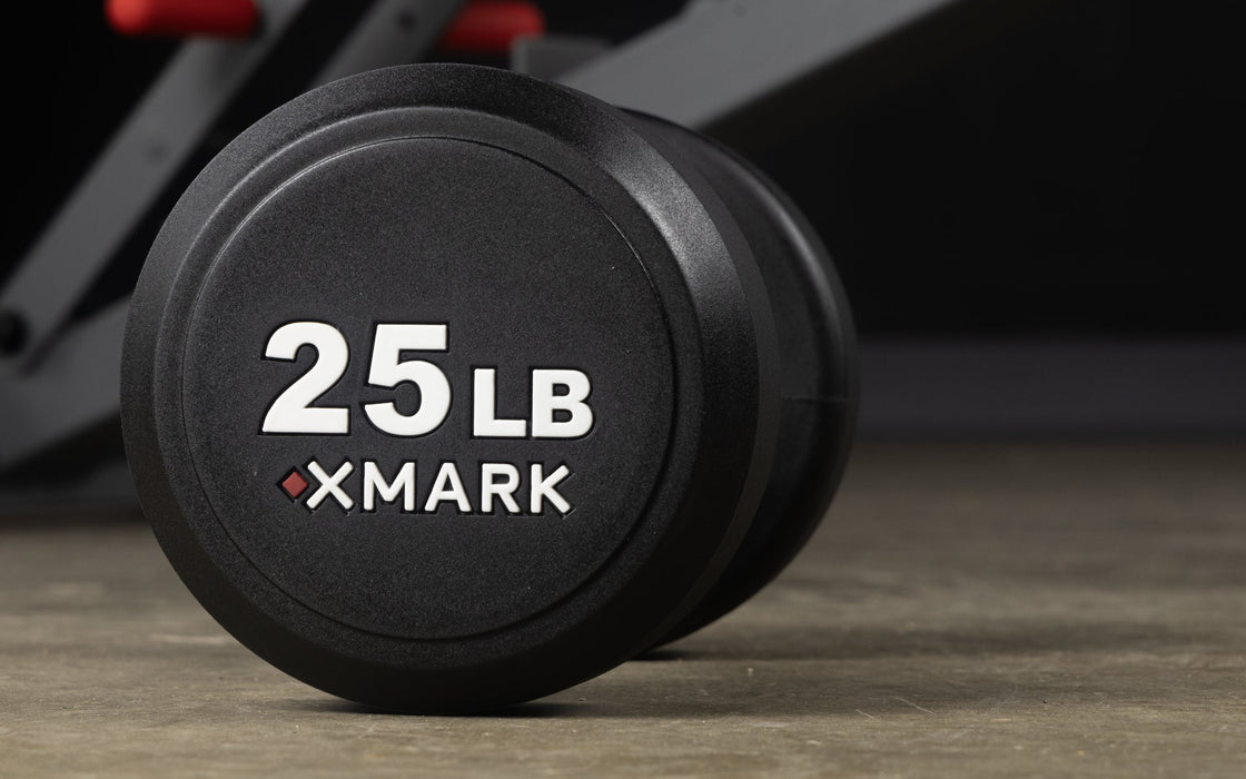 XMARK Round Commercial Urethane Dumbbells  (5-50 lb and 5-75 lb Sets) XM-9104-3316-550S - Sweatfully