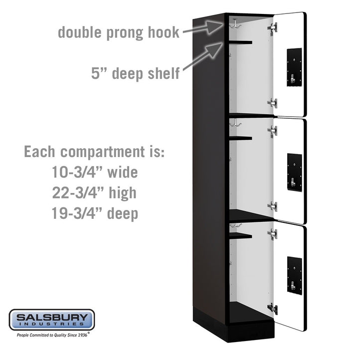 Salsbury 12" Wide Triple Tier Designer Wood Locker - 1 Wide - 6 Feet High - 21 Inches Deep - Black - Silver Electronic Locks - Sweatfully