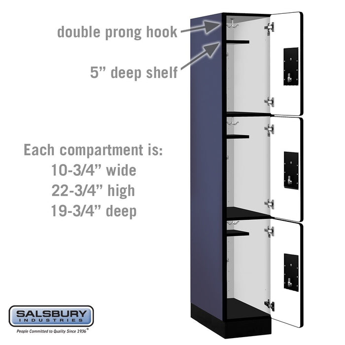 Salsbury 12" Wide Triple Tier Designer Wood Locker - 1 Wide - 6 Feet High - 21 Inches Deep - Blue - Black Electronic Locks - Sweatfully