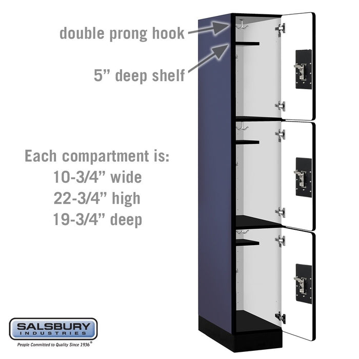 Salsbury 12" Wide Triple Tier Designer Wood Locker - 1 Wide - 6 Feet High - 21 Inches Deep - Blue - Black Resettable Combination Locks - Sweatfully