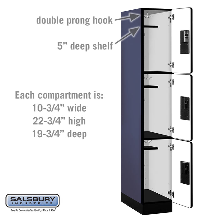 Salsbury 12" Wide Triple Tier Designer Wood Locker - 1 Wide - 6 Feet High - 21 Inches Deep - Blue - Hasps - Sweatfully
