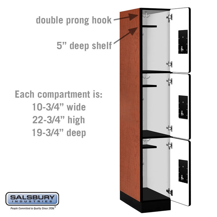 Salsbury 12" Wide Triple Tier Designer Wood Locker - 1 Wide - 6 Feet High - 21 Inches Deep - Cherry - Silver Electronic Locks - Sweatfully