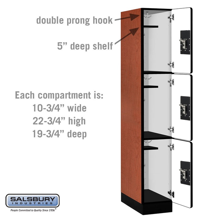Salsbury 12" Wide Triple Tier Designer Wood Locker - 1 Wide - 6 Feet High - 21 Inches Deep - Cherry - Silver Resettable Combination Locks - Sweatfully