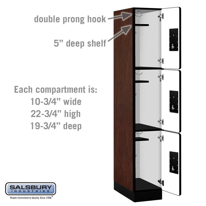 Salsbury 12" Wide Triple Tier Designer Wood Locker - 1 Wide - 6 Feet High - 21 Inches Deep - Mahogany - Silver Electronic Locks - Sweatfully
