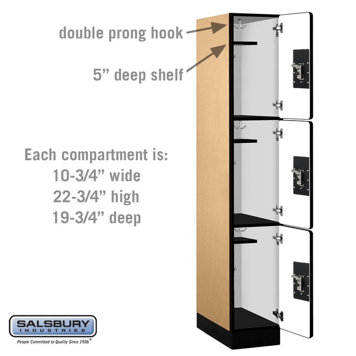 Salsbury 12" Wide Triple Tier Designer Wood Locker - 1 Wide - 6 Feet High - 21 Inches Deep - Maple - Black Resettable Combination Locks - Sweatfully