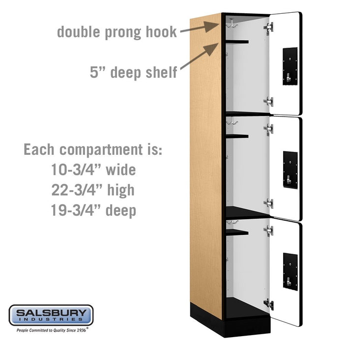 Salsbury 12" Wide Triple Tier Designer Wood Locker - 1 Wide - 6 Feet High - 21 Inches Deep - Maple - Silver Electronic Locks - Sweatfully
