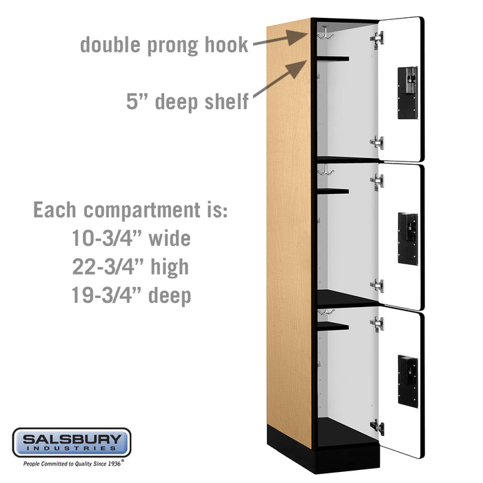 Salsbury 12" Wide Triple Tier Designer Wood Locker - 1 Wide - 6 Feet High - 21 Inches Deep - Maple - Hasps - Sweatfully