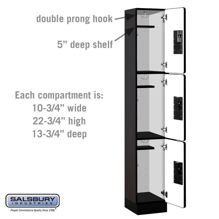 Salsbury 12" Wide Triple Tier Designer Wood Locker - 1 Wide - 6 Feet High - 15 Inches Deep - Black - Hasps - Sweatfully