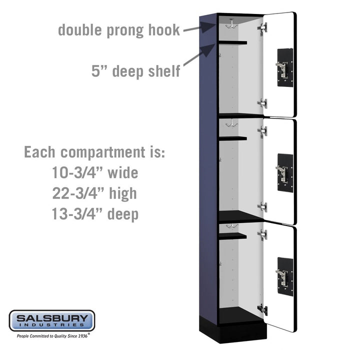 Salsbury 12" Wide Triple Tier Designer Wood Locker - 1 Wide - 6 Feet High - 15 Inches Deep - Blue - Silver Resettable Combination Locks - Sweatfully