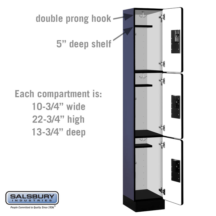 Salsbury 12" Wide Triple Tier Designer Wood Locker - 1 Wide - 6 Feet High - 15 Inches Deep - Blue - Hasps - Sweatfully