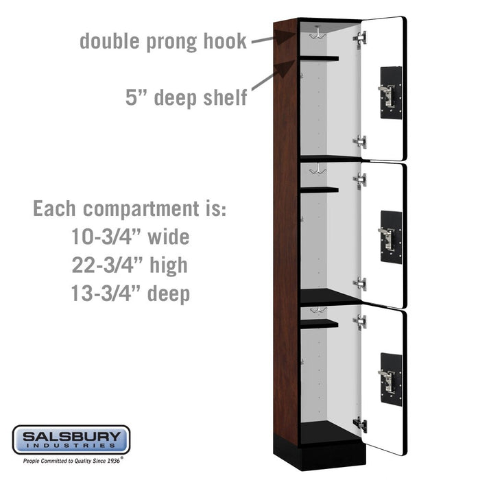 Salsbury 12" Wide Triple Tier Designer Wood Locker - 1 Wide - 6 Feet High - 15 Inches Deep - Mahogany - Silver Resettable Combination Locks - Sweatfully