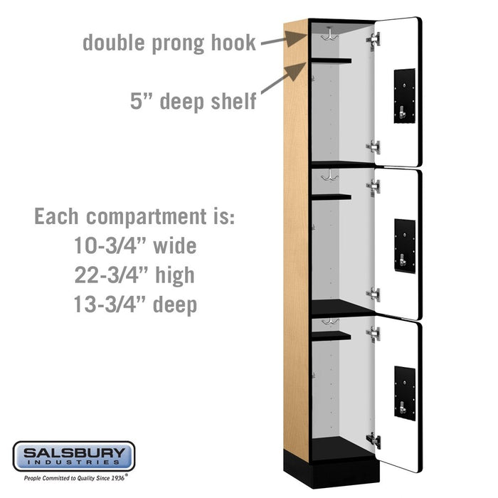 Salsbury 12" Wide Triple Tier Designer Wood Locker - 1 Wide - 6 Feet High - 15 Inches Deep - Maple - Black Electronic Locks - Sweatfully