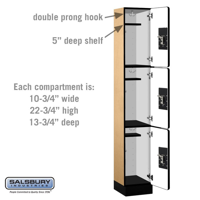Salsbury 12" Wide Triple Tier Designer Wood Locker - 1 Wide - 6 Feet High - 15 Inches Deep - Maple - Black Resettable Combination Locks - Sweatfully