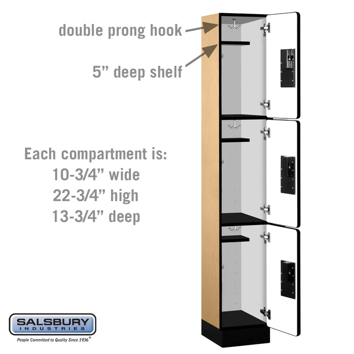 Salsbury 12" Wide Triple Tier Designer Wood Locker - 1 Wide - 6 Feet High - 15 Inches Deep - Maple - Hasps - Sweatfully