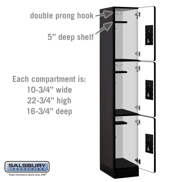 Salsbury 12" Wide Triple Tier Designer Wood Locker - 1 Wide - 6 Feet High - 18 Inches Deep - Black - Silver Electronic Locks - Sweatfully