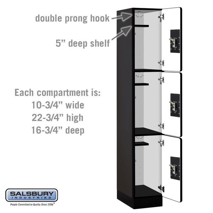 Salsbury 12" Wide Triple Tier Designer Wood Locker - 1 Wide - 6 Feet High - 18 Inches Deep - Black - Silver Resettable Combination Locks - Sweatfully
