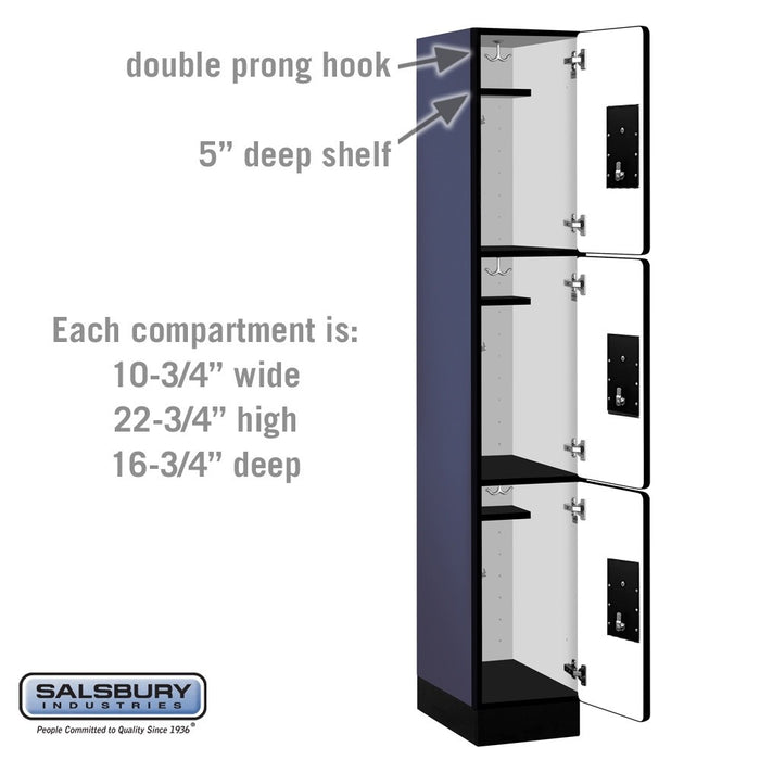 Salsbury 12" Wide Triple Tier Designer Wood Locker - 1 Wide - 6 Feet High - 18 Inches Deep - Blue - Silver Electronic Locks - Sweatfully