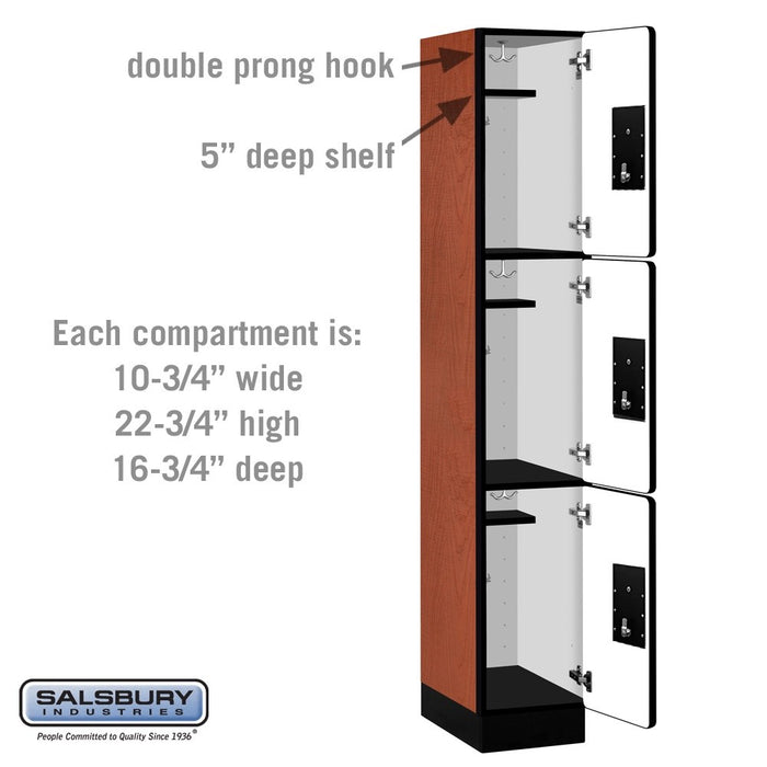 Salsbury 12" Wide Triple Tier Designer Wood Locker - 1 Wide - 6 Feet High - 18 Inches Deep - Cherry - Black Electronic Locks - Sweatfully