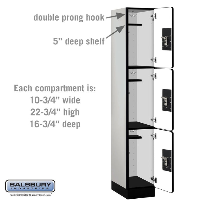Salsbury 12" Wide Triple Tier Designer Wood Locker - 1 Wide - 6 Feet High - 18 Inches Deep - Gray - Black Resettable Combination Locks - Sweatfully