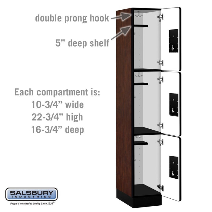 Salsbury 12" Wide Triple Tier Designer Wood Locker - 1 Wide - 6 Feet High - 18 Inches Deep - Mahogany - Black Electronic Locks - Sweatfully