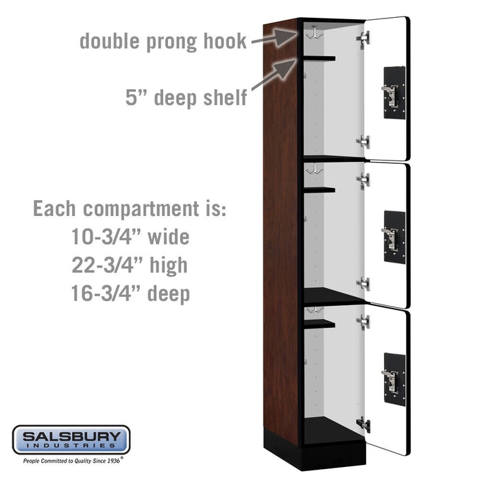 Salsbury 12" Wide Triple Tier Designer Wood Locker - 1 Wide - 6 Feet High - 18 Inches Deep - Mahogany - Silver Resettable Combination Locks - Sweatfully