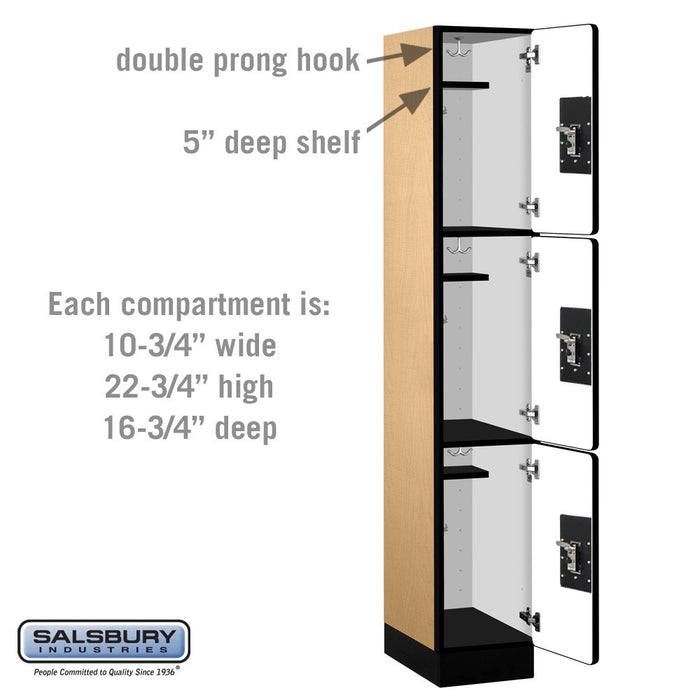 Salsbury 12" Wide Triple Tier Designer Wood Locker - 1 Wide - 6 Feet High - 18 Inches Deep - Maple - Silver Resettable Combination Locks - Sweatfully