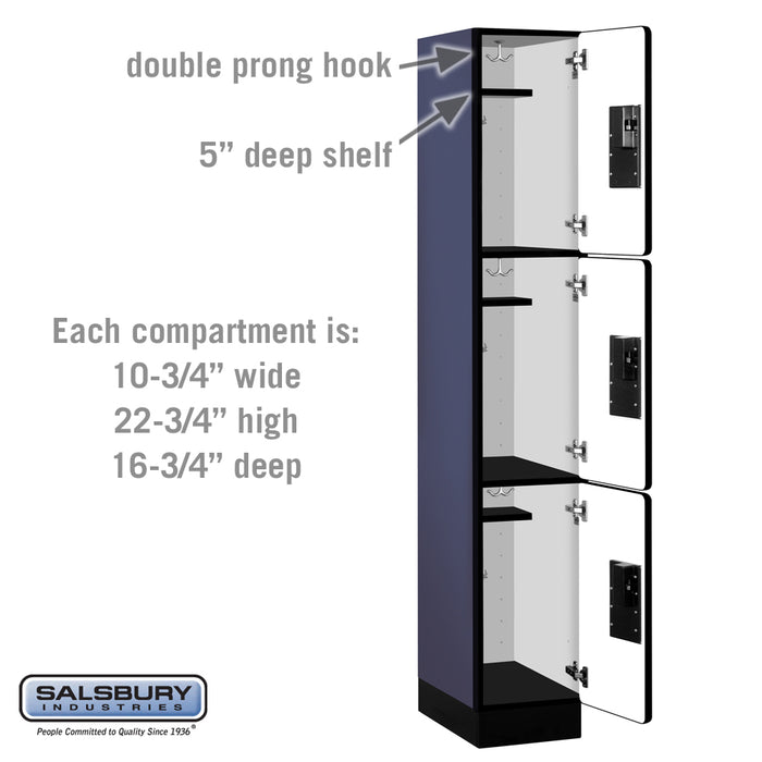 Salsbury 12" Wide Triple Tier Designer Wood Locker - 1 Wide - 6 Feet High - 18 Inches Deep - Blue - Hasps - Sweatfully