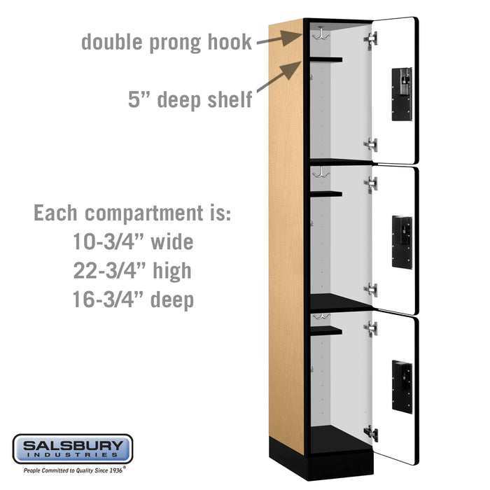 Salsbury 12" Wide Triple Tier Designer Wood Locker - 1 Wide - 6 Feet High - 18 Inches Deep - Maple - Hasps - Sweatfully