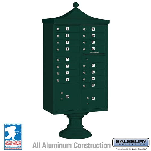 Salsbury Regency Decorative Cluster Box Unit with 16 Doors and 2 Parcel Lockers in Green with USPS Access – Type III - Sweatfully
