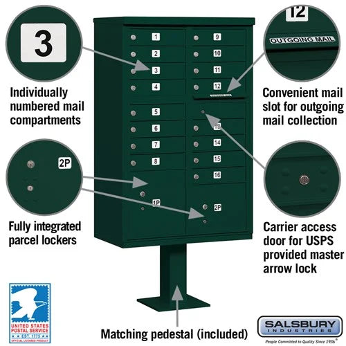 Salsbury Cluster Box Unit with 16 Doors and 2 Parcel Lockers with USPS Access – Type III Mailbox - Sweatfully