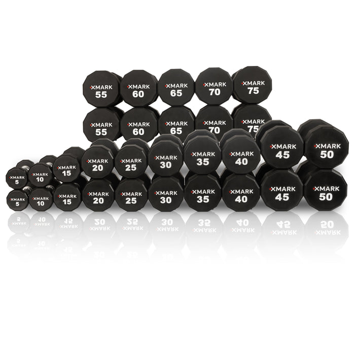 XMARK 12-Sided Commercial Urethane Dumbbells (5-50 lb and 5-75 lb Sets) XM-9104-3323-550S - Sweatfully