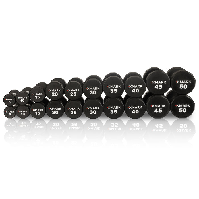 XMARK 12-Sided Commercial Urethane Dumbbells (5-50 lb and 5-75 lb Sets) XM-9104-3323-550S - Sweatfully